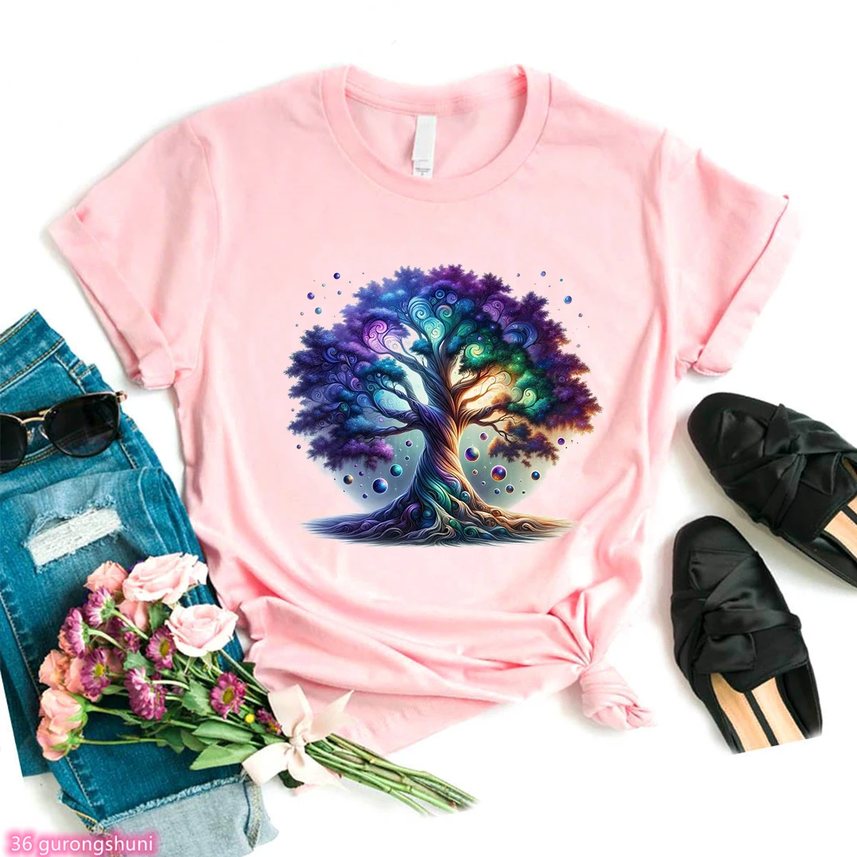 Watercolor Tree Of Life Shirt,  Fashion Women Tshirt ,Family Reunion Shirt,summer Femme Tshirt Pink Short Sleeve Tops Wholesale image 3