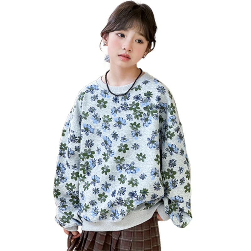 

Korean Style Kids Cotton Sweatshirt with Floral Print for Teenage Girl Casual Flower Hoodie without Hood Children Autumn Clothes
