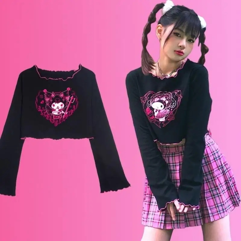 

Sanrio 2K Millennial Sexy Hot Girl Style Japanese Kuromi Long Sleeve T-Shirt Women's Short Loose Casual Top Round Neck Ins Trend