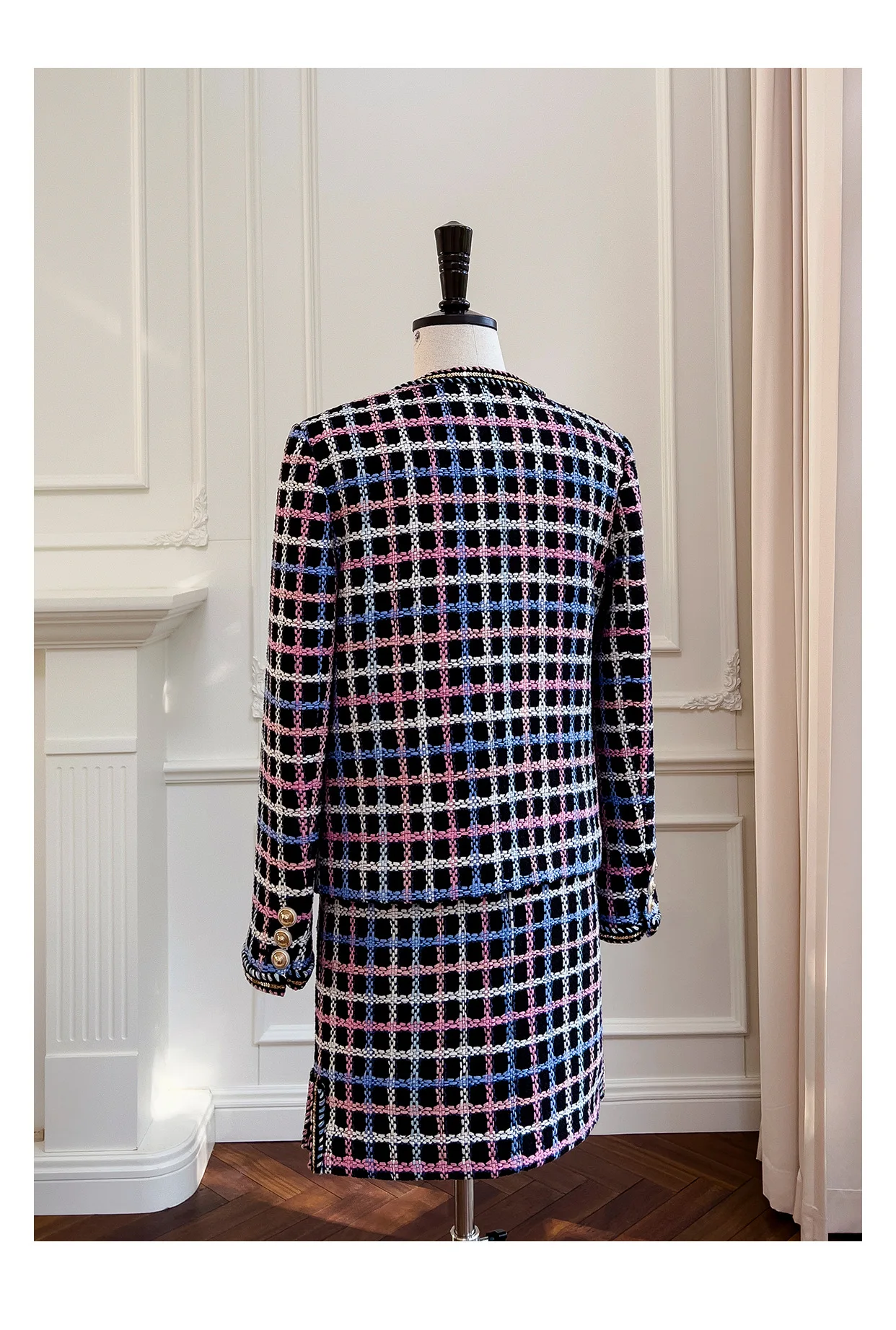 2023 Spring Autumn Brand New Designer Women\'s High Quality Plaid Tweed Jackets Elegant O-neck Coat B575