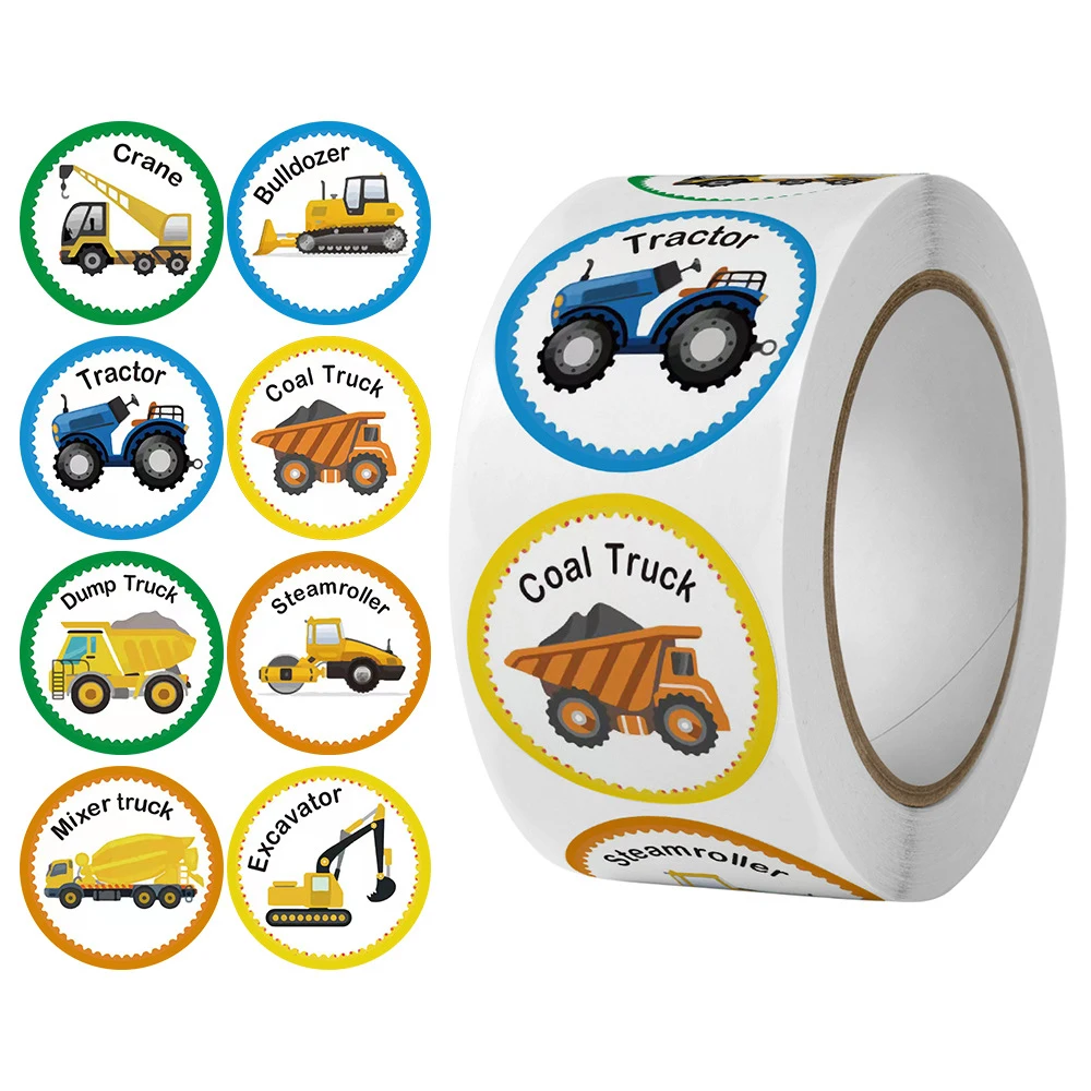 500pcs/roll Construction Vehicle Transportation Truck Cartoon Stickers Kids Reward Sticker Diary Laptop Phone Fun Pattern Decals