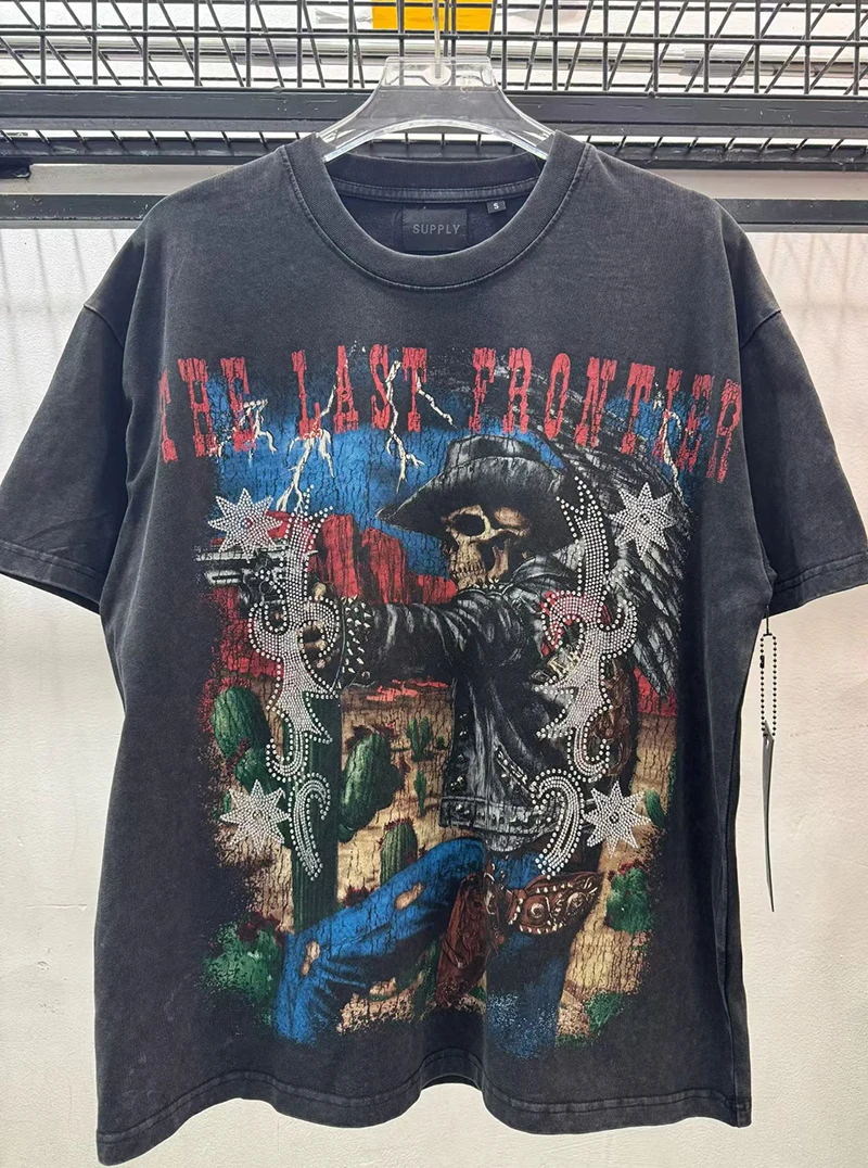 Schwarzes Western Cowboy Pferde-Grafik T-Shirt für Herren Vintage Distressed Acid Wash Strass T-Shirts Lässige Sommer-Oberteile – Detail 2