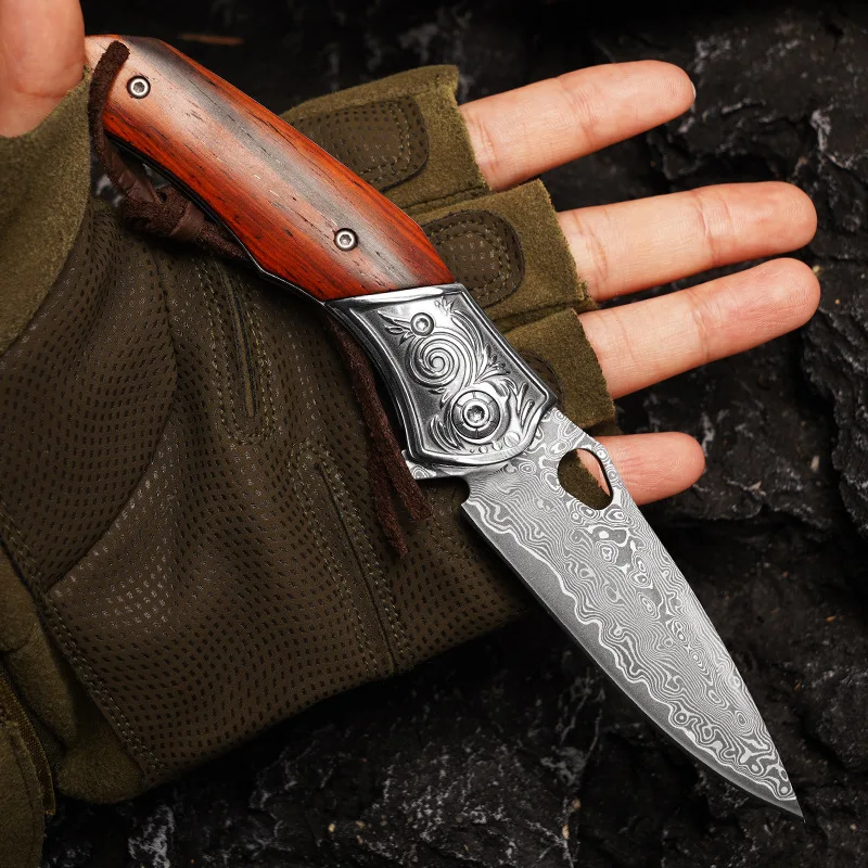 High hardness Damascus wooden handle knife, outdoor camping, portable and convenient folding knife, fruit knife