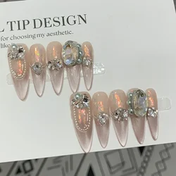 Light Luxury Handmade Press on Nails Glitter Gradient with Rhinestone Pearl False Nails Full Cover Long Sharp Almond Fingertips