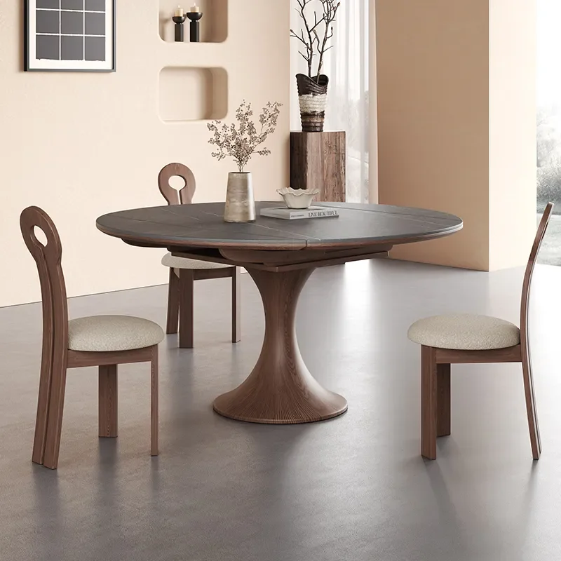 Nordic Solid Wood Dining Table with Induction Cooker Variable Round Italian Folding Walnut Wabi Sabi Retractable Rock Slab