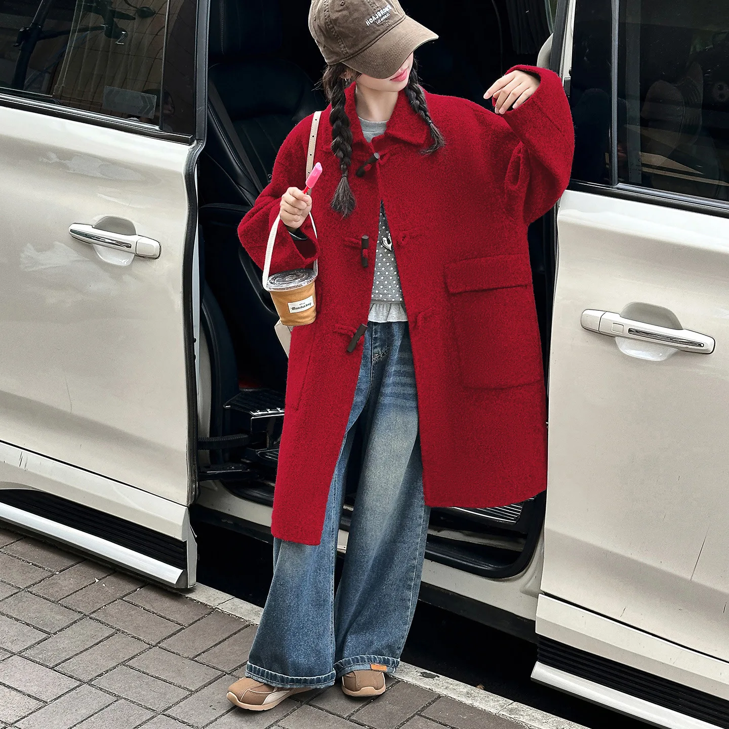 

Teen Girl Soft Gray Red Woolen Overcoat Autumn Winter Horn Button Warm Length Topcoat Casual Junior Kid Big Child Outerwear Coat