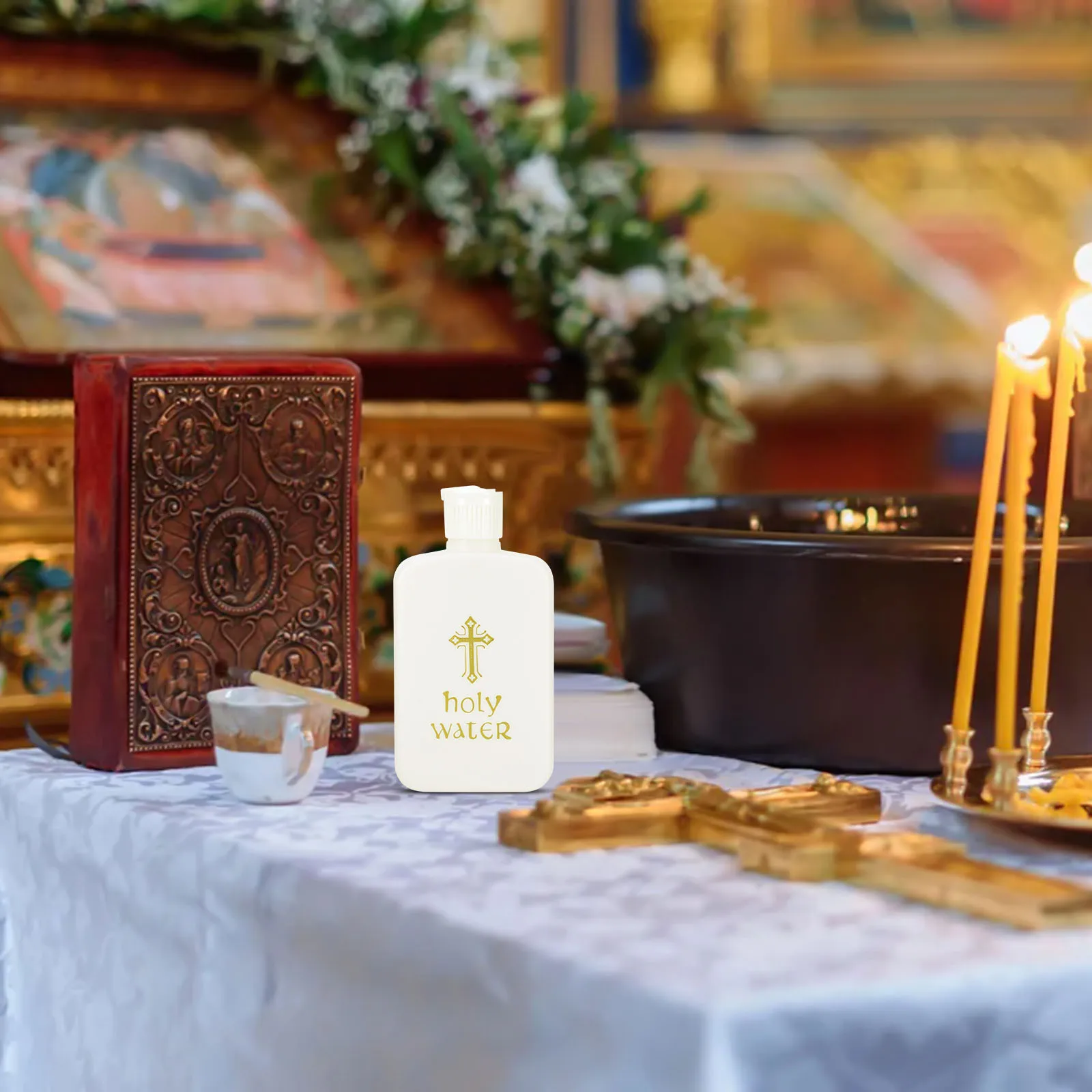 

6pcs Holy Water Bottle White Gold Cross Plastic Empty Bottle For Church Easter Baptism Catholic Party Decoration Refillable