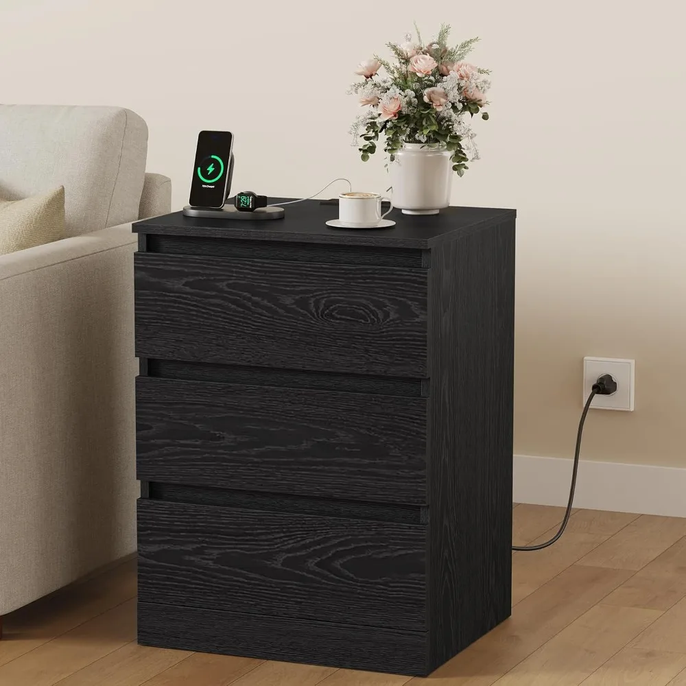 Nightstand with Charging Station, Bedside Tables with 3 Drawers, Black