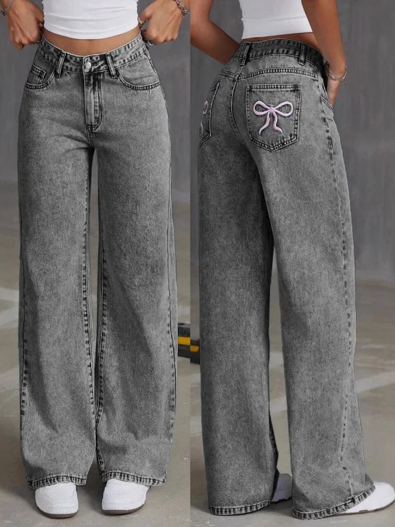 

High Waist Straight Leg Loose Long Denim Jeans Women's Sweet And Spicy Sle Embroidered Knot Casual Trousers