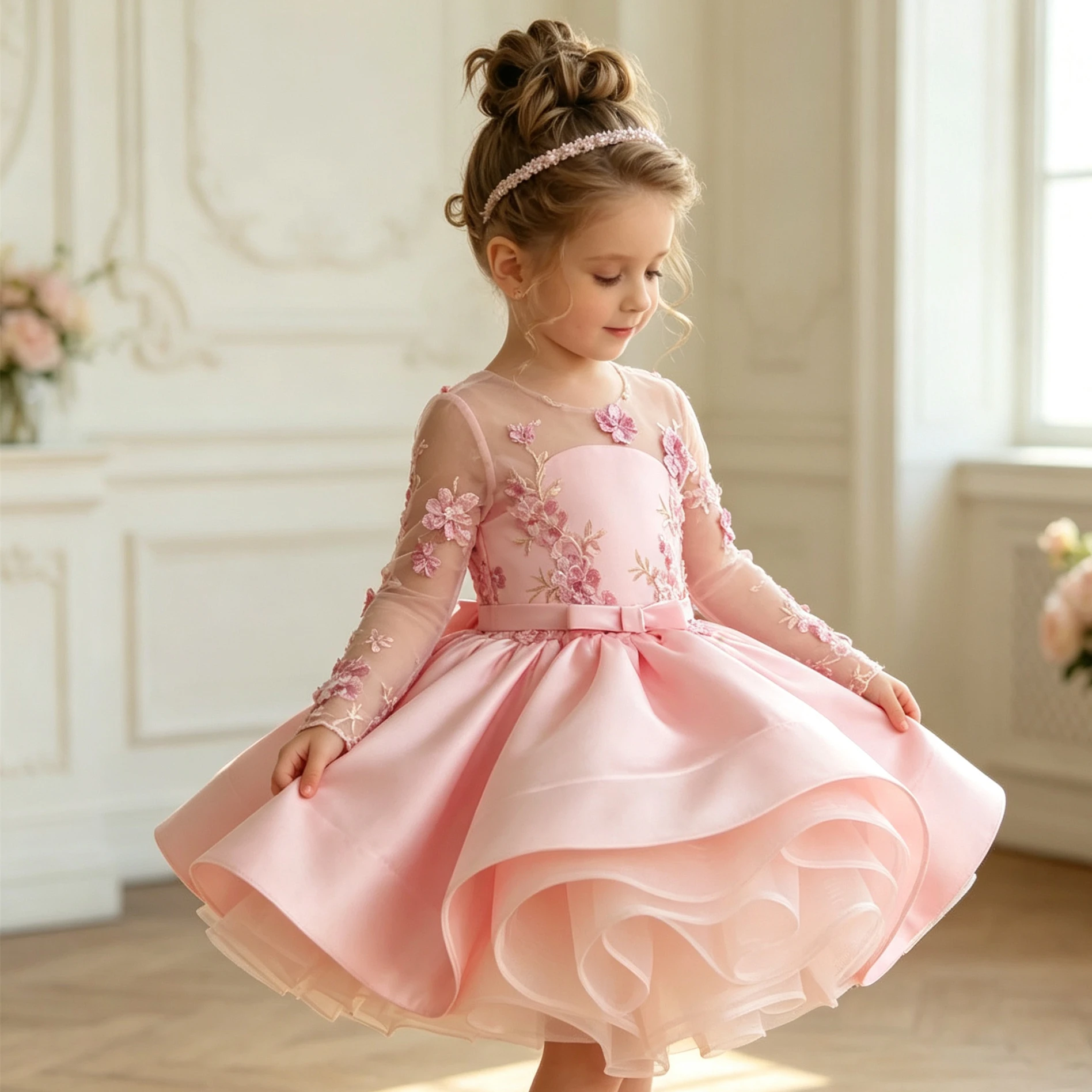 Customized Pink Flower Girl Dress For Wedding Appliques Bow Long Sleeve Knee Length Elegant Kids Birthday First Communion Gown