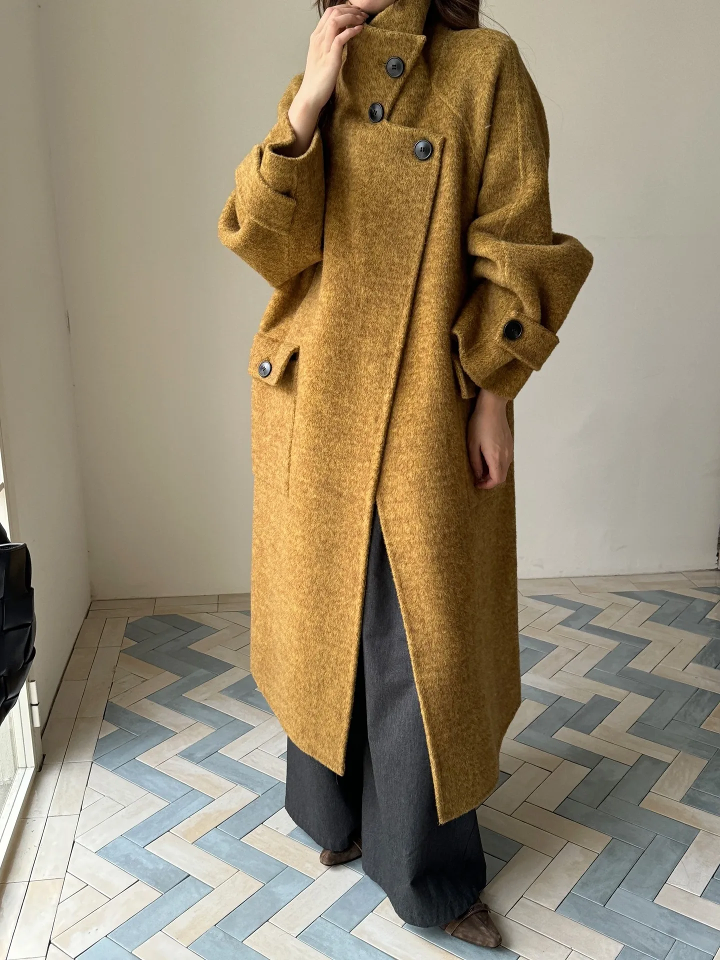 Jiuwei Family 2025 Autumn/Winter New Loose mid-length stand-up collar cover with double-sided woolen cashmere coat, woolen