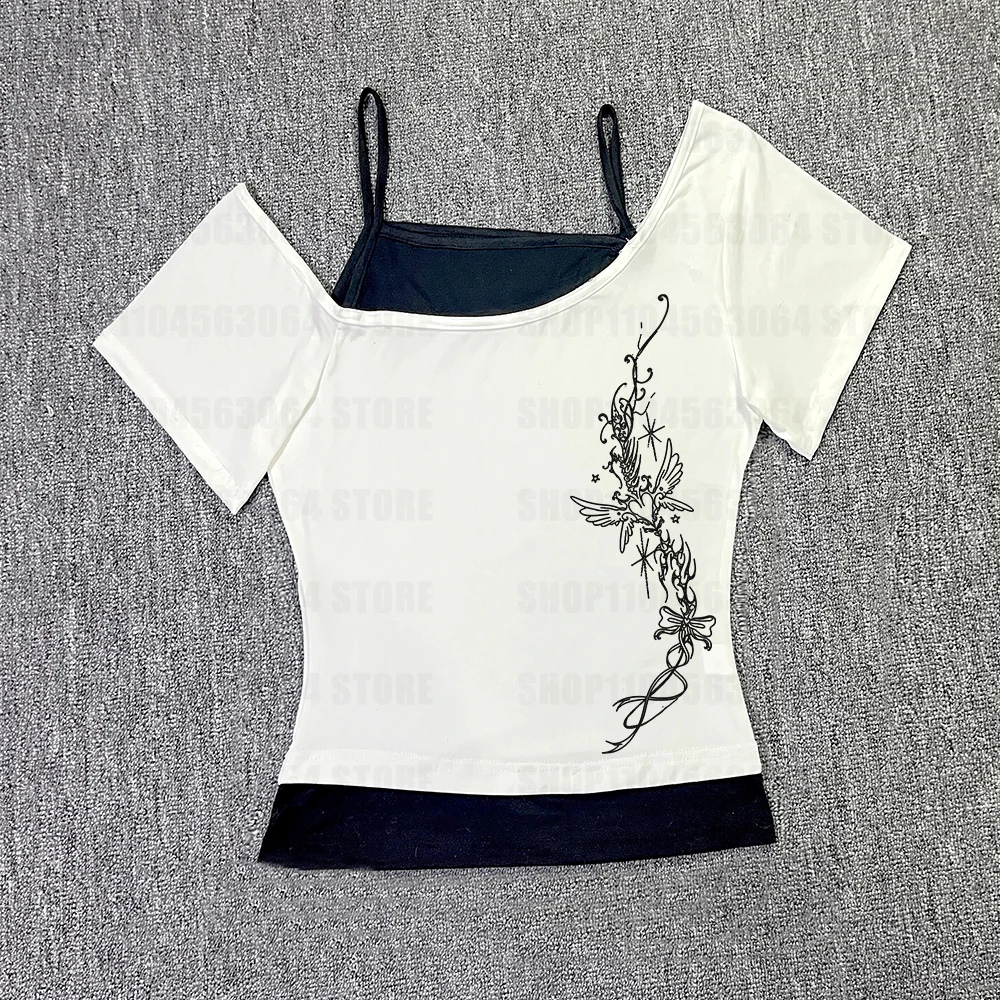 서브컬쳐 여성 의류 Y2K 펑크 티셔츠 아메리칸 레트로 스윗 섹시 숏 여성 의류 여름 캐주얼 인기 상의