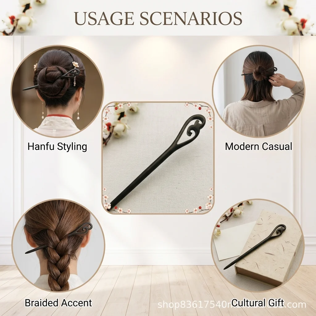 Handmade Ebony Wooden Hair Sticks Vintage Carved Design Hairpin Simple Updo Styling For Women Chinese Hanfu Hair Accessories view 6