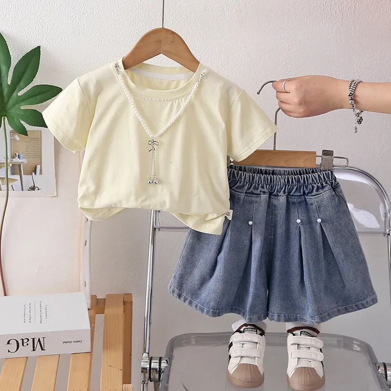 Toddler Summer Outfits 2026 Korean Baby Girl Clothes 1-5T Girls Sweet Glitter Short Sleeve T-shirt and Denim Skort 2 Piece Set