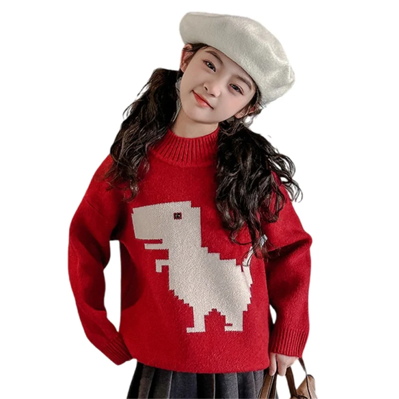 

Child Dinosaur Christmas Sweater For Girls Casual Red Color New Year Knitwear With Dragon Kids Baby Cute Cartoon Knitted Outfits