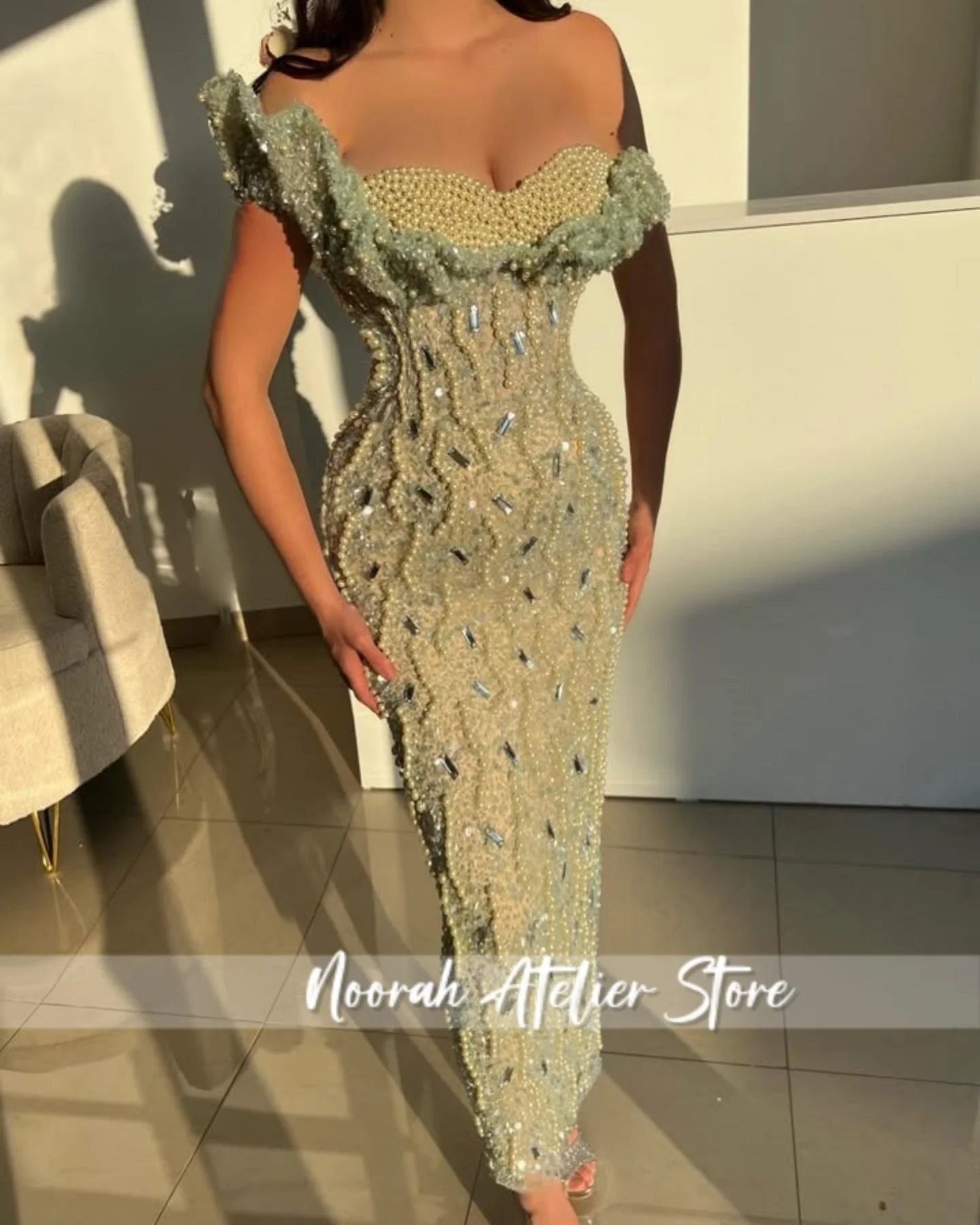 New Green Dubai Sequin Pearls Evening Dresses 2025 One Shoulder Wedding Dresses Prom Gown فساتين سهرة Formal Dress Customized