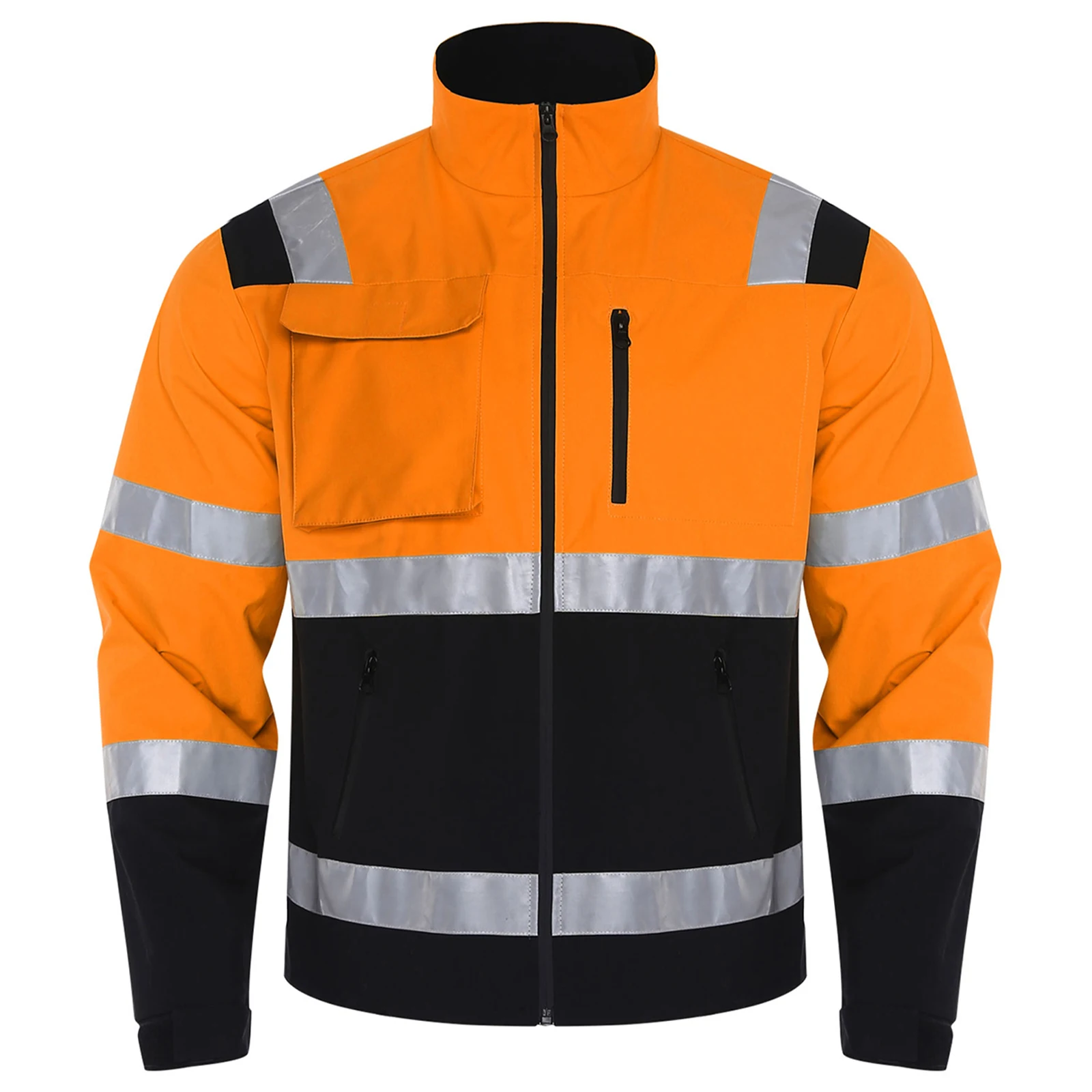 سترة رجالي بشريط عاكس عالي الوضوح مقاومة للماء ملابس خارجية وياقة واقفة وأكمام طويلة وسحاب مع جيوب