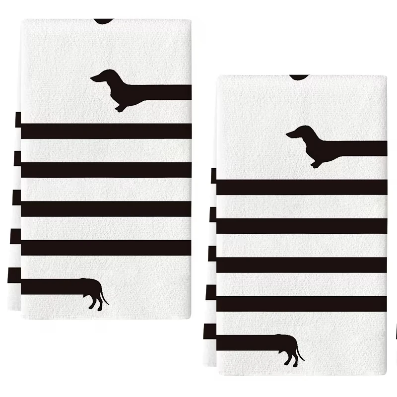 2-Pack Black&White Striped Dachshund Kitchen Towels | 40x60cm | Super Absorbent Soft | Tea Towel/Dishcloth