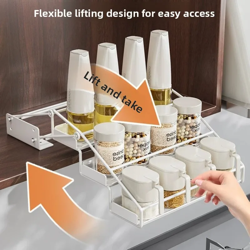 Pull-Down Cabinet Organizer Kitchen Overhead Spice Rack Retractable Shelf for Storage Lift System Space-Saving Condiment Holder