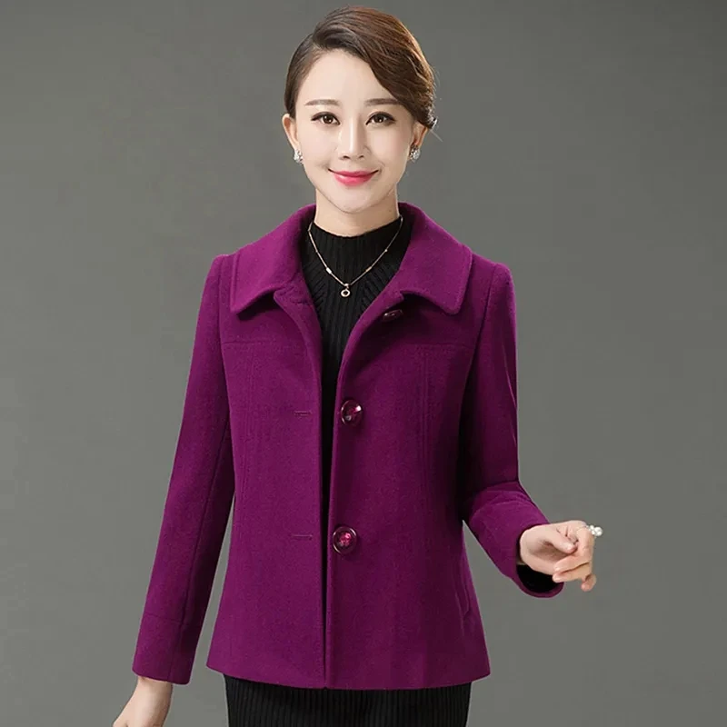 

Middle Aged Women Blend Woolen Coat Spring Autumn Fashion Short Wool Jacket Elderly Mother Solid Color Casual Outerwear L-5XL