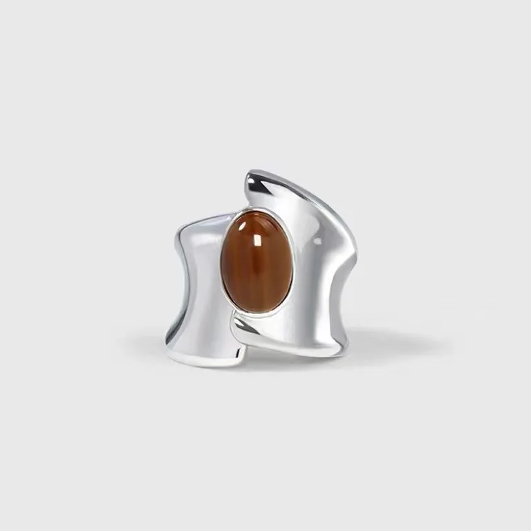 

New Wooden Grain Stone Heavy Industry Wide Ring Unique Design Versatile Simple Fashionable Light Luxury Ring for Women
