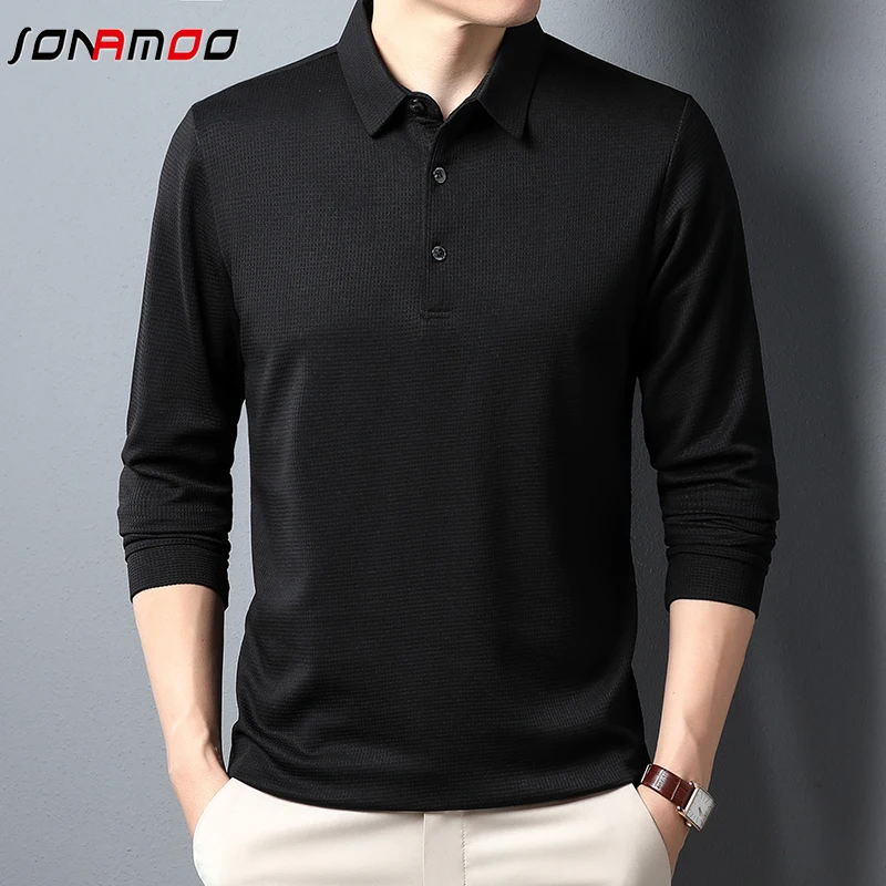 Men\'s Business Casual Polo Long Sleeve T-shirt Summer Comfortable Solid Cotton Top