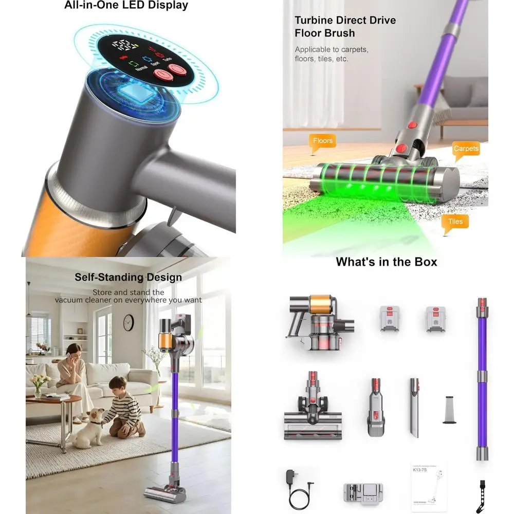 

Dual Battery Cordless Vacuum: 120 Mins, 50kPa, 600W, Anti-Tangle, Self-Stand, Ideal for Home, Floors, Pet Hair