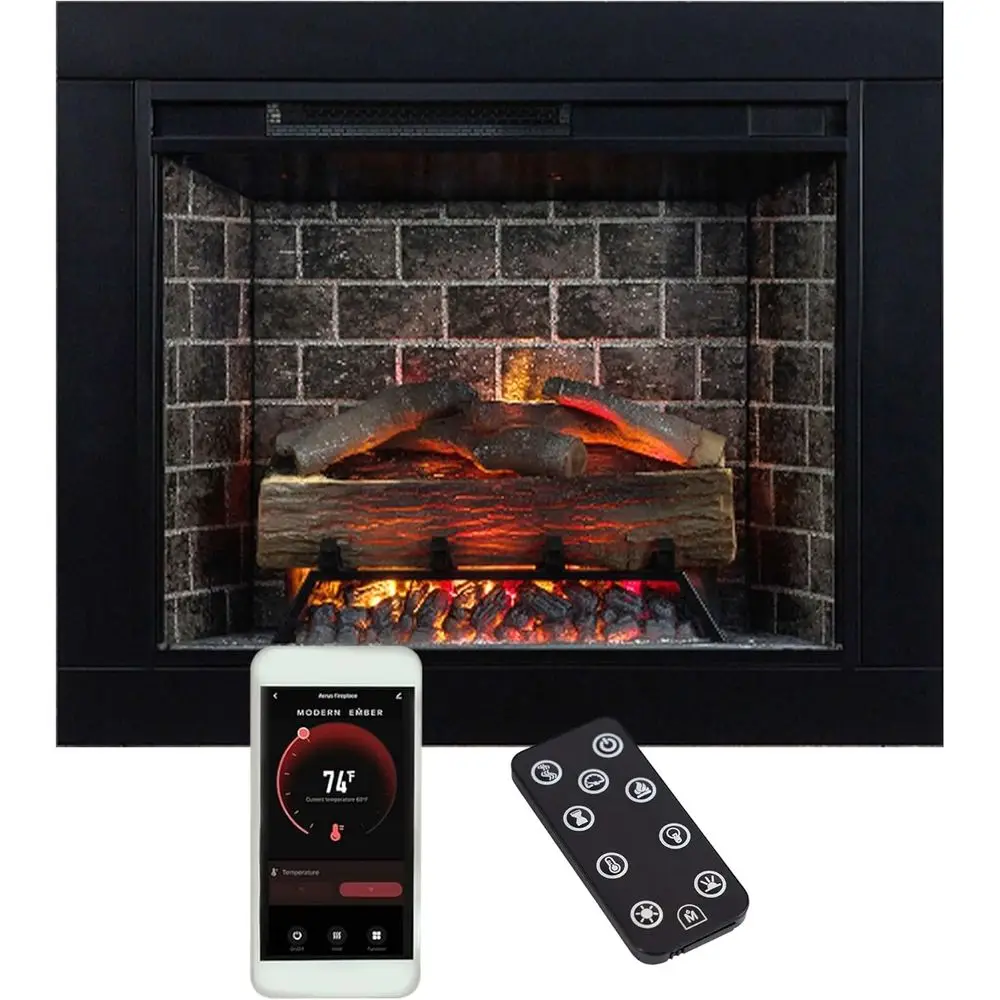 

28 Smart Electric Fireplace Insert with Alexa/WiFi, 1000 Sq Ft Heater, Remote, Realistic Logs & Brick Design