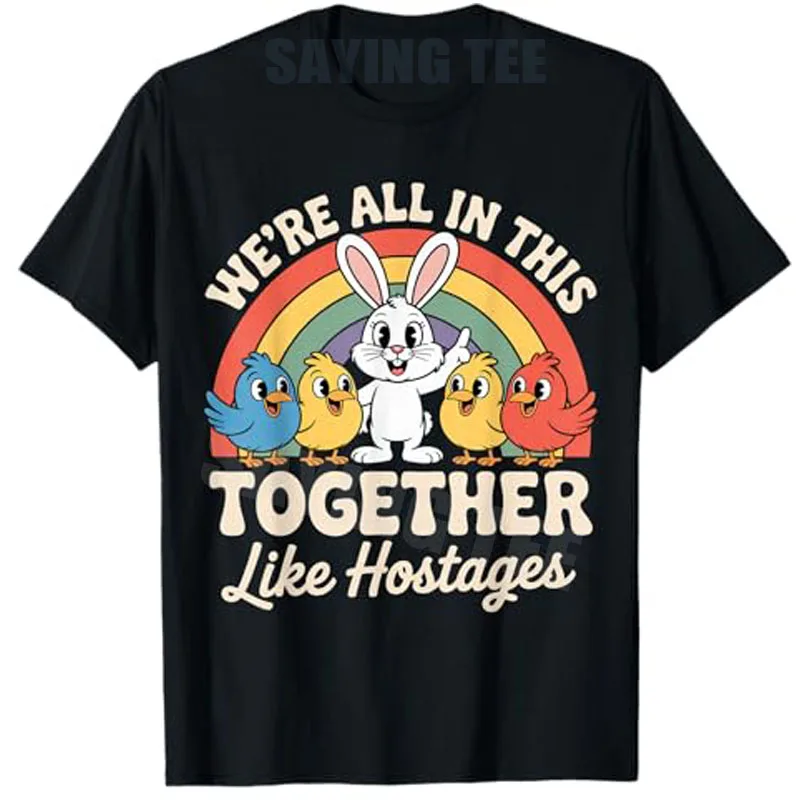 

Футболка «Мы все в этой вместе как хитрые» с милым кроликом и птицами под радугой Y2k, саркастическая футболка с надписью «Жарт», юмористические топы