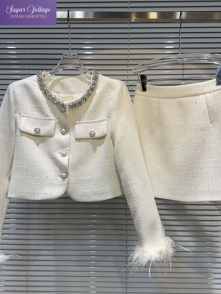

French Fashion Elegant Tweed Two Piece Set Women Autumn Winter Diamond Collar Short Jacket and Skirt Faux Fur Trim Warm Outfit