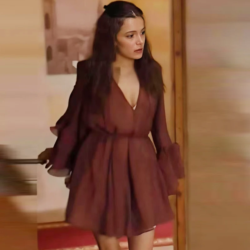 Hxao babados vestidos curtos vestido feminino outono rendas em camadas vestido de uma peça mini laranja manga longa vestidos de noite