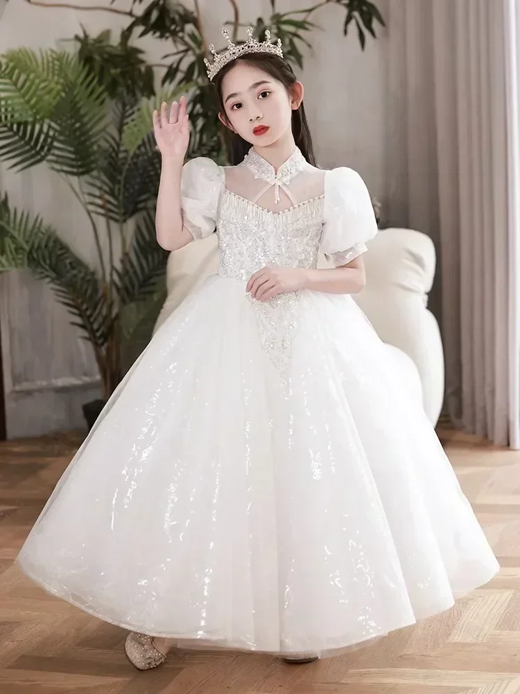 Robe de spectacle de piano pour enfants, robe de princesse d'hôte de petite fille, robe de fête d'anniversaire de fille, voile blanc de fleur