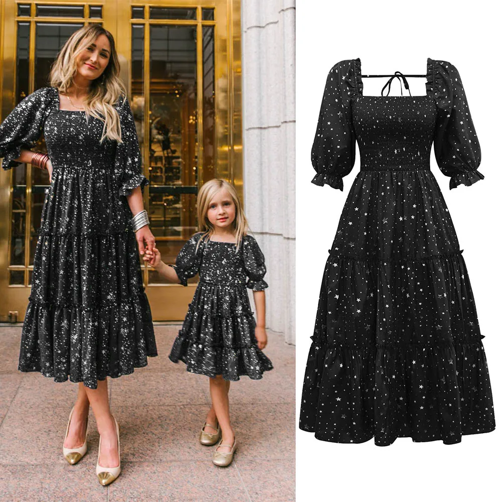 Matching Family Dresses Star Print Mother Daughter Black Dresses Half Sleeve Girl Big Sister Mother Kids Family Matching Clothes