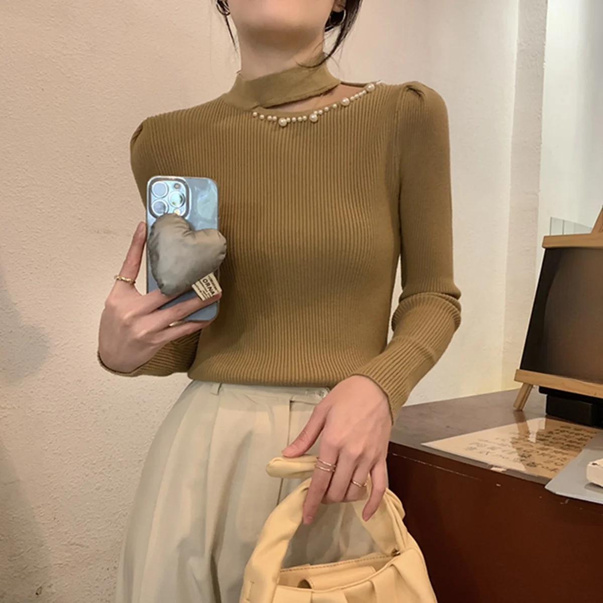 여성용 티엔드 f-하이 칼라 니트 베이스 셔츠 봄 가을 홀로우 아웃 디자인 슬림 핏 한국 스타일 출퇴근용