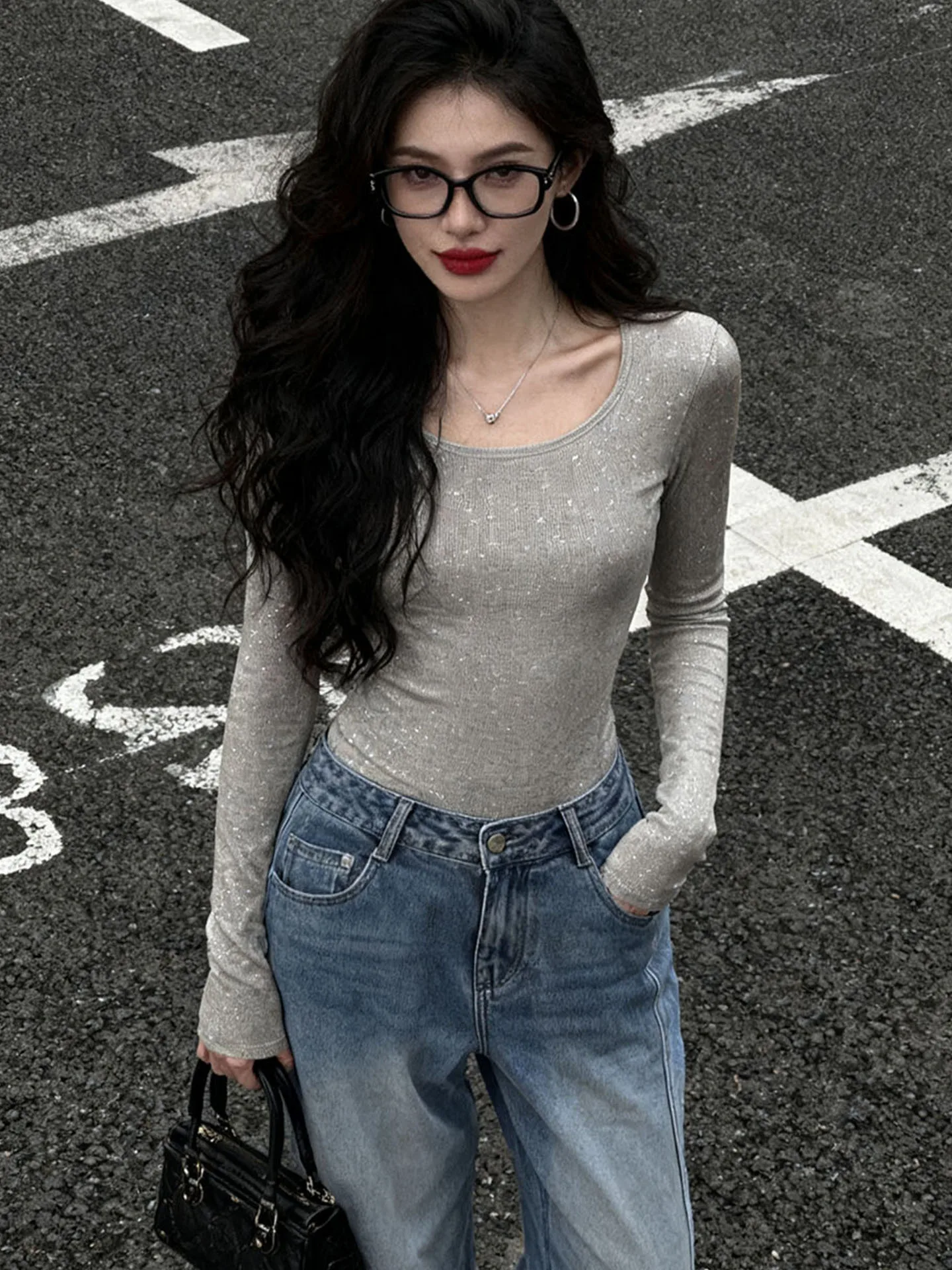 

Faionable Slim Fit Women's Ensemble Spring Knot Denim Long Sve Top High Waist Long Pants Glittering Casual Sle