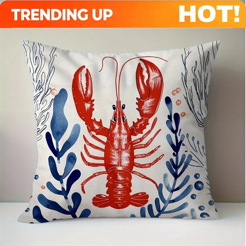 Customize 1pc Coastal Lobster Print Throw Pillow Cover - Soft Polyester, Zipper Closure, 17.72x17.72 Inches, Ocean Theme Decor f