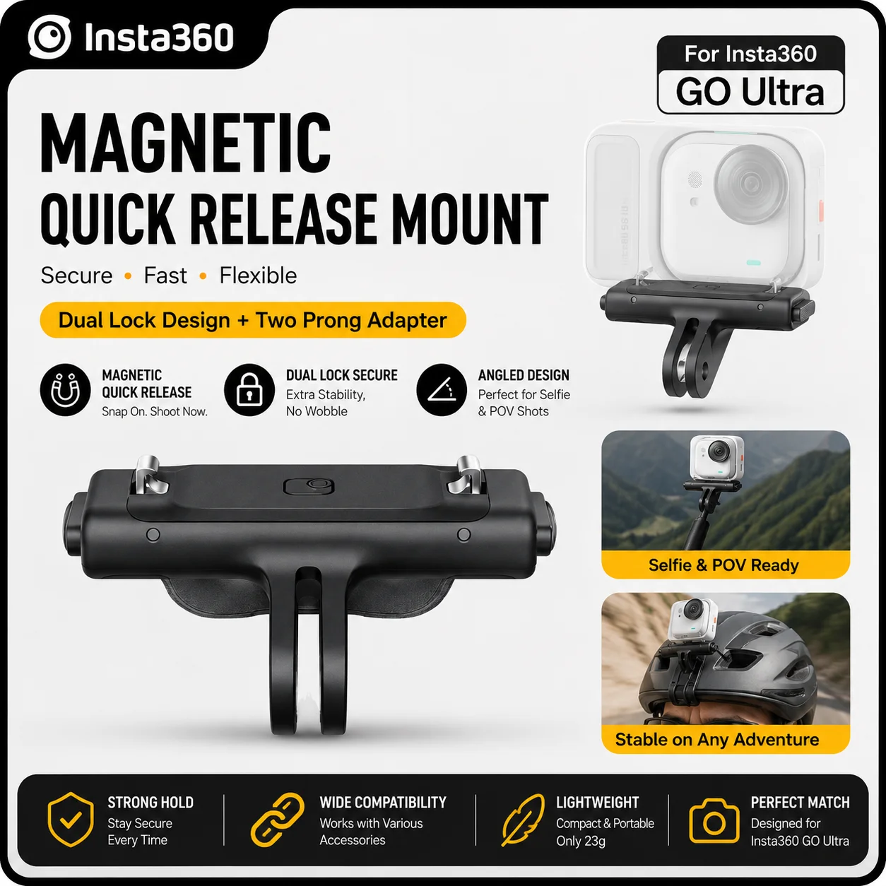Magnetic Mount Two-Prong Adapter, Angled Bracket with Dual Lock Structure for Selfie and POV Capture for Insta360 GO Ultra