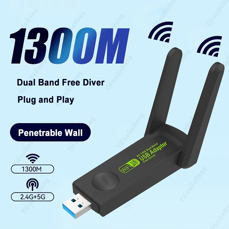 GRWIBEOU 1300Mbps Wireless USB Wifi Adapter 600Mbps Wifi Dongle USB Network Card Dual 2.4G/5G Receiver for PC Desktop Laptop