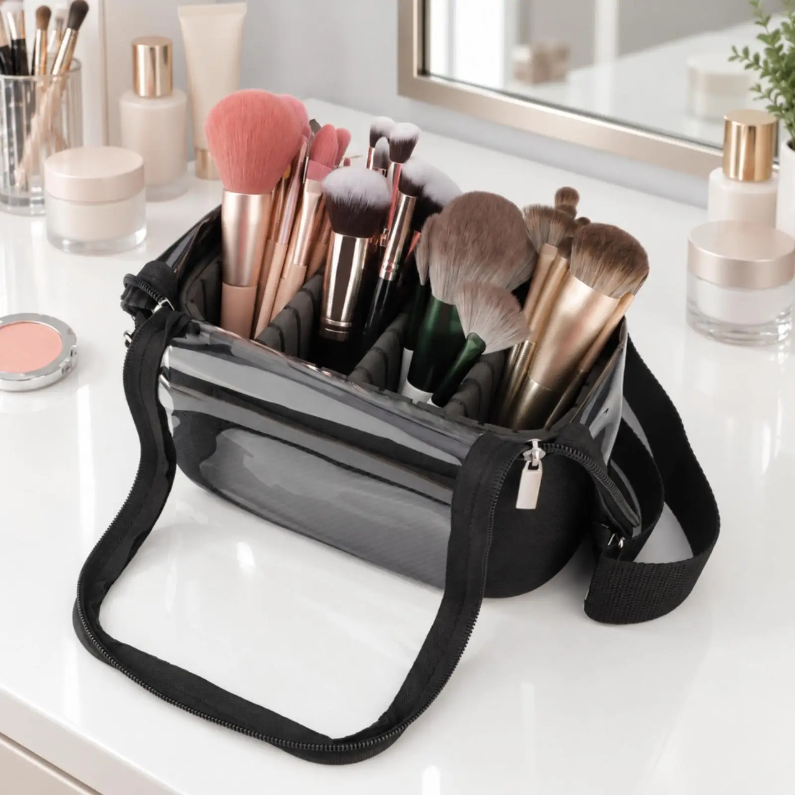 Multifunctional Makeup Brush Storage Bag Cosmetic Organizer Case with Zipper Compartments for Brushes Lipstick and Beauty Tools