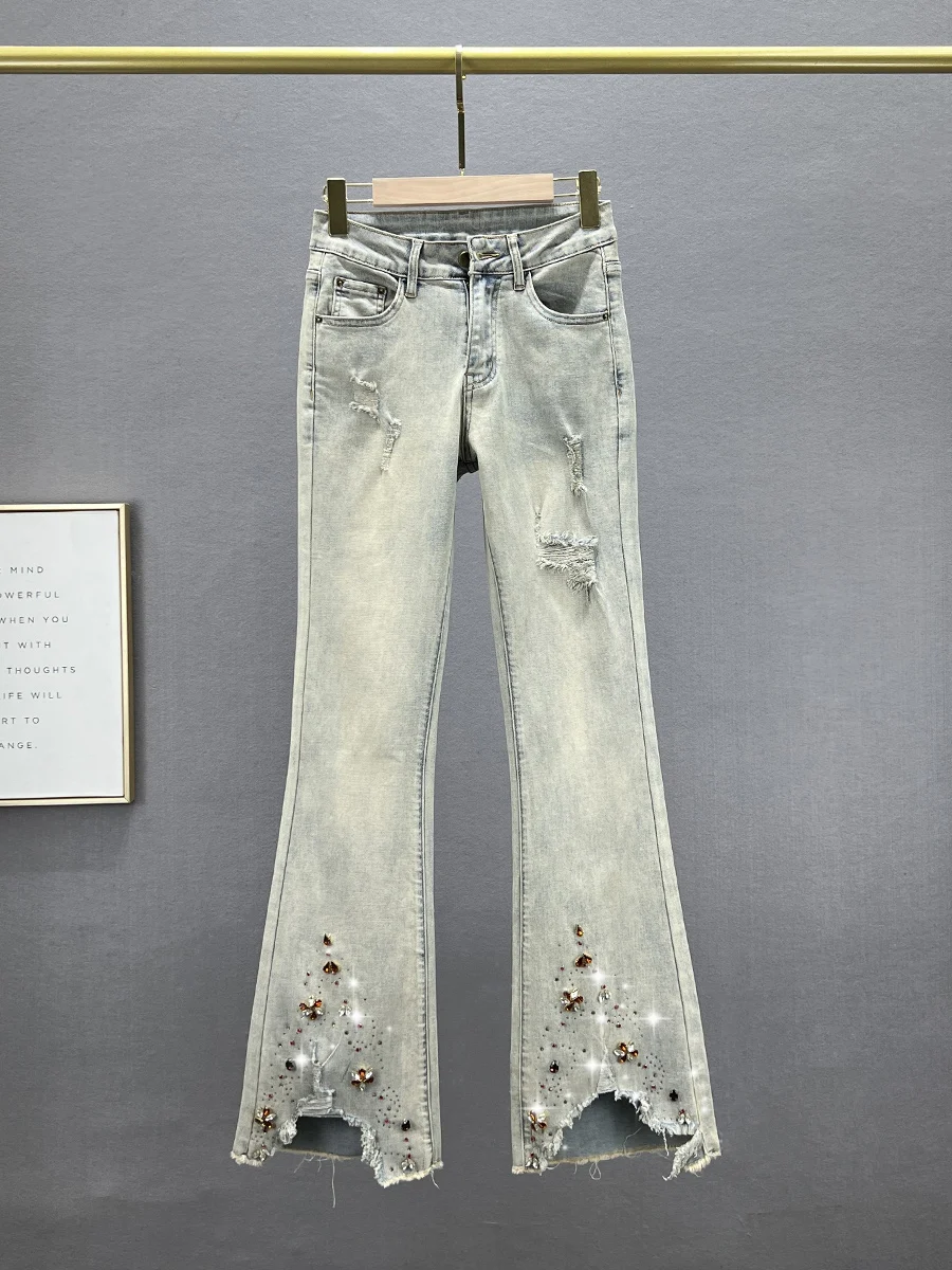 

Женские джинсы Ele с высокой талией, облегающие, с алмазной вышивкой, из эластичного денима, весна 2024, модные брюки-буткат