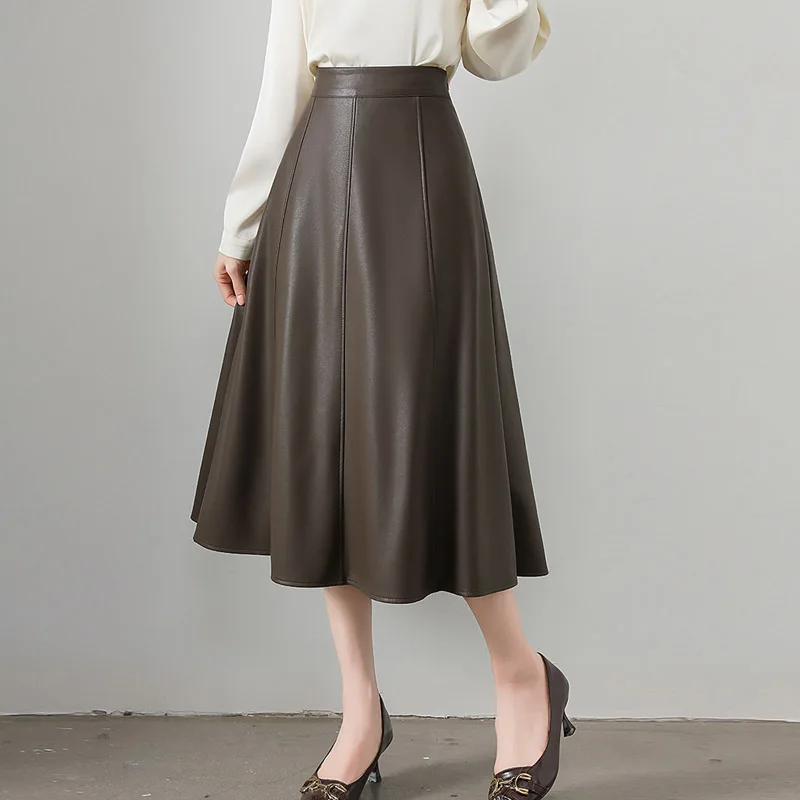 Jupes trapèze classiques en Faux cuir PU pour femmes, café noir, nouvelle collection printemps-automne 2026, taille haute, couleur unie, Chic, parapluie, jupes de bureau