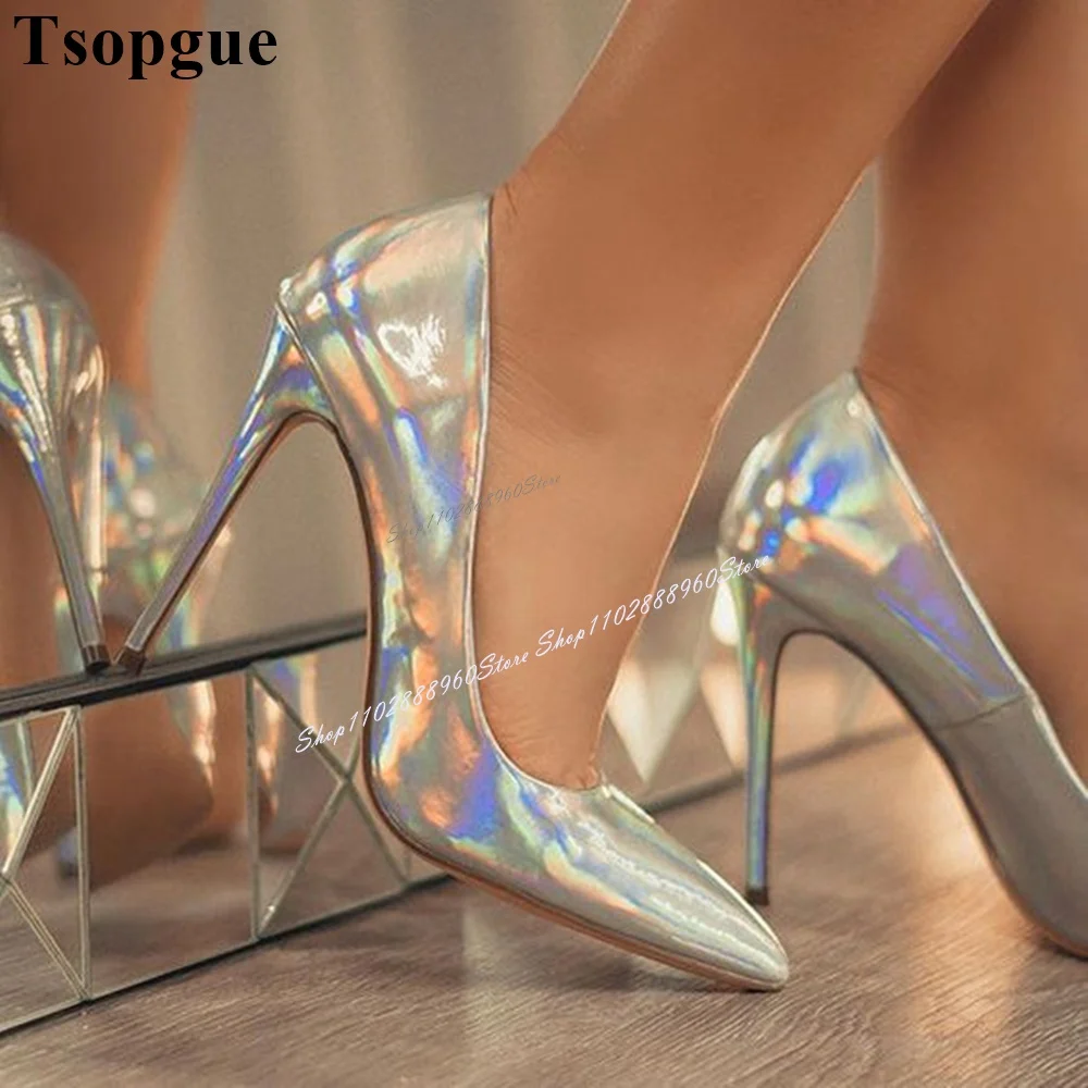 Silver Metallic Leather Simple Style Shallow Pumps Stilettos High Heel Women Shoes Slip-On Pointed Toe 2024 Zapatos Para Mujere