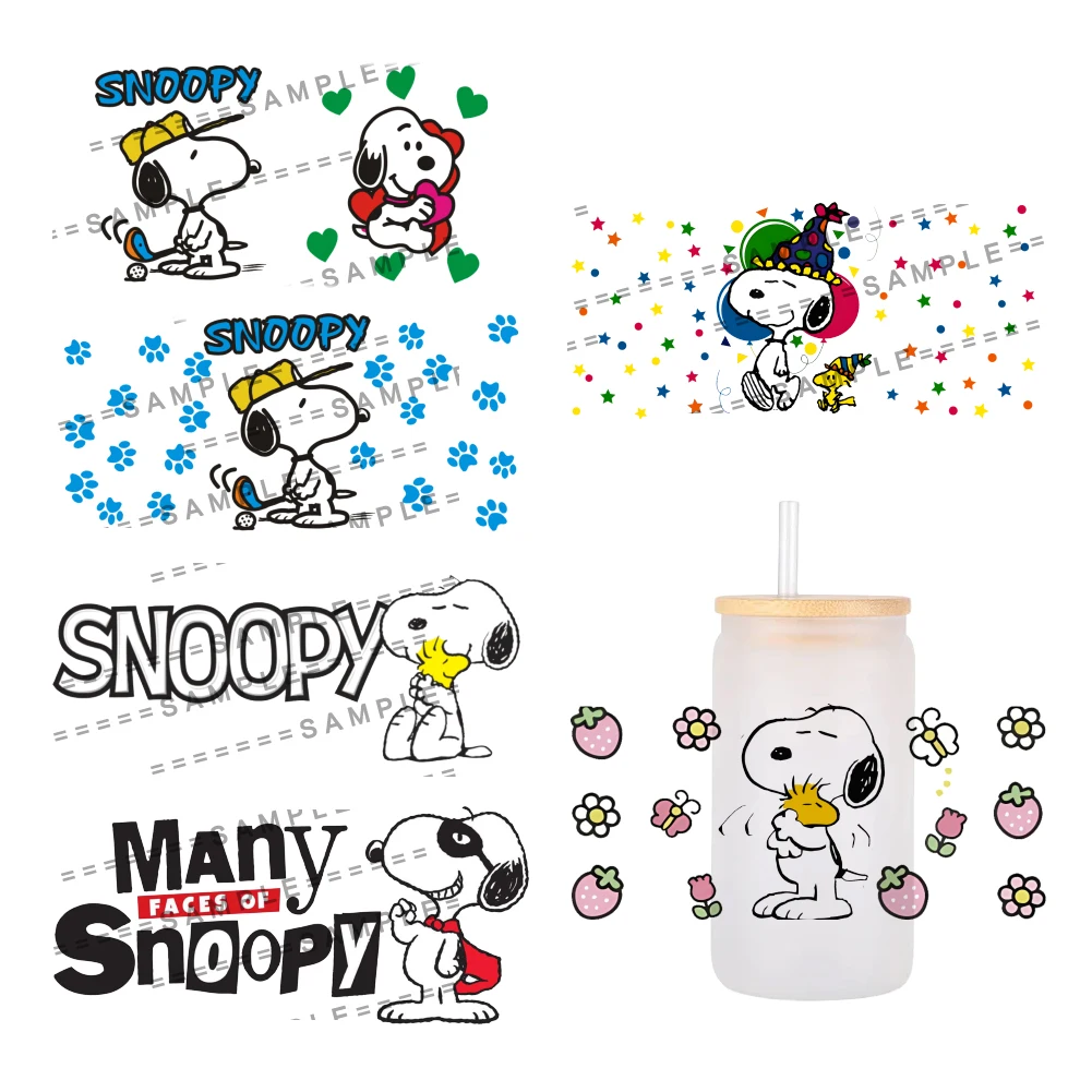 แก้วเบียร์ลายการ์ตูน Snoopy UV DTF สำหรับ16oz แก้วเบียร์ Libbey สามารถห่อถ้วย UV DTF สติกเกอร์ DIY การ์ตูน selfadhesive ล้างทำความสะอาดได้ DIY