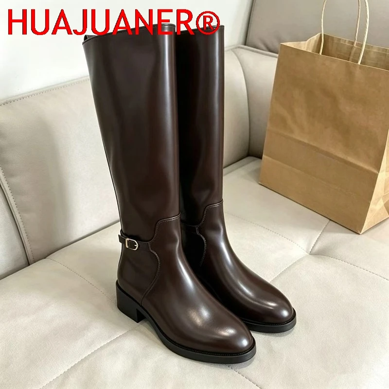 Winter Women's Boots Round Toe Thick Heel High Heels Fashion Knight Long Tube Boot PU Leather  Brown Chunky Heel Knight Shoes