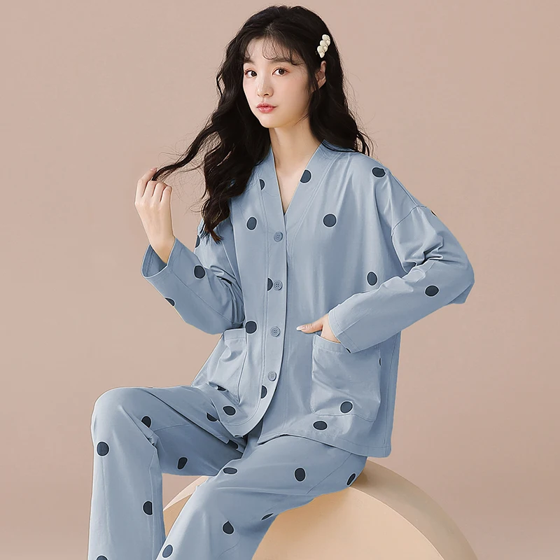 Spring and Autumn Long Sleeve Pajama set Cardigan plus size kimono women's cotton home wear Korean version Pjs Loungewear