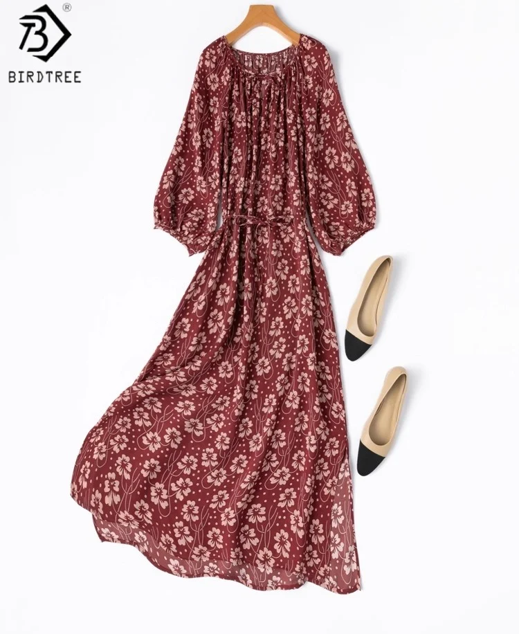 

BirdTree 100% Mulberry Silk Wine Red Dress,Women Lantern Sleeve O-neck Flower Print Belt Dresses, 2025 Summer New D57412JF
