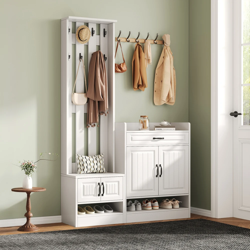 PINGGO Garderobenset, Wandschrank mit Schuhregal, 8 Haken, 4 Türen, 1 Schublade, weiße Flurmöbel, 125 x 36 x 190 cm – Detail 10