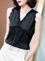 2024 New Arrival All-match Female Splicing Spring Summer Charming Trend Lace Tank Tops Solid Woman M-3XL Sleeveless Slim V-neck