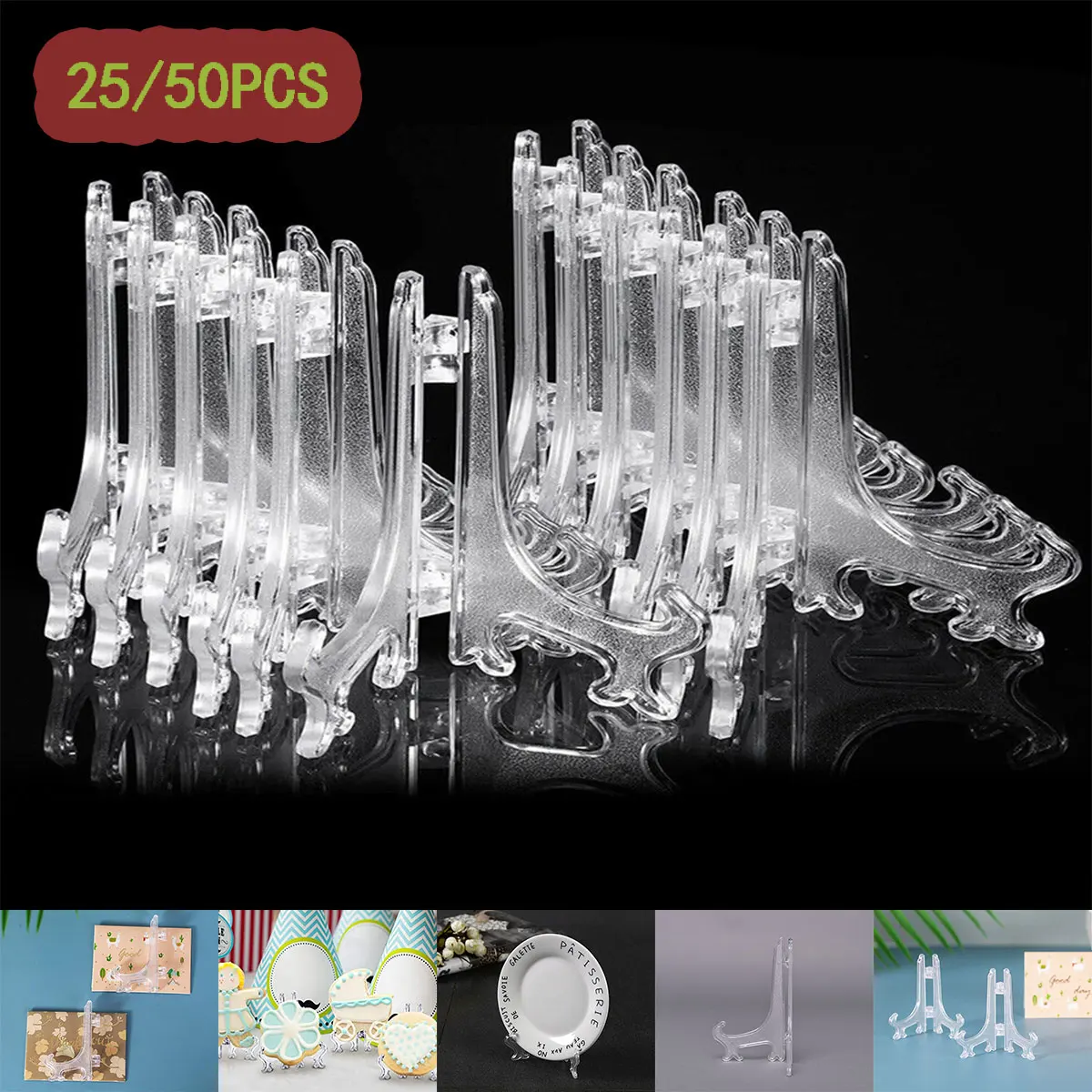 50Pcs Clear Plastic Easels or Stand/Plate Holders to Display Pictures or Other Items at Weddings, Home Decoration, Birthdays