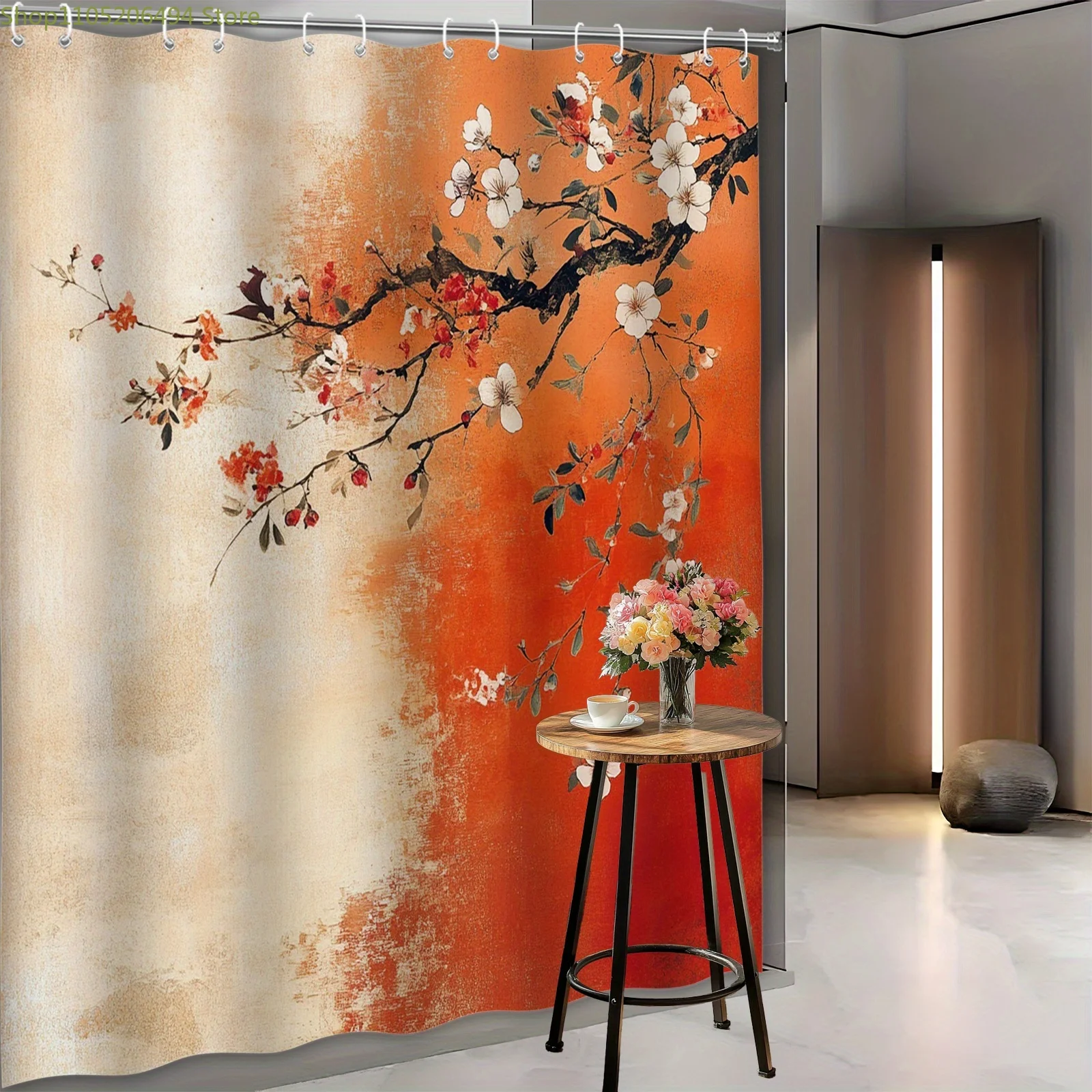 

1pc East Asian-Inspired Polyester Shower Curtain, 70.8x70.8 Inches, Delicate Branch with White and Red Flowers, Burnt Orange B